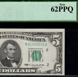 1963 �N $5 �A�M������s�� PCGS 62PPQ - �o�C�i�� ���[�_�[ ���[�e�[�^�[ �V���A���ԍ� 01000010