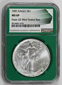 1991 $1 アメリカン シルバー イーグル NGC MS69 米国産ミント シール ボックス ラベル グリーン コア