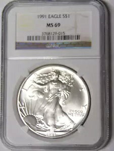 NGC MS69 1991 �A�����J�� �V���o�[ �C�[�O�� 0.999 �t�@�C�� �V���o�[ �_���[ #3768129-015