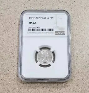 1962 オーストラリア 6 ペンス銀貨 NGC スラブ & グレード MS 66- エリザベス 2 世 F.D.