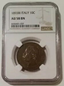C^A Exg 1  1893 BI 10 Centesimi AU58 BN NGC