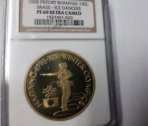 レア 1998 ルーマニア ブラス 100 レイ ピーフォート オリンピック フィギュア スケート NGC PF 69
