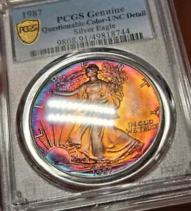 1987 アメリカン シルバー イーグル PCGS UNC "QC" レインボー トーン モンスター ネオン カラー