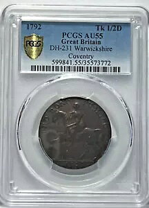 1792 PCGS �F�� AU55 G.BRITAIN D&H-231 Tk 1/2D �E�H���b�N�V���[ �R�x���g���[