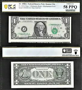 *�����ׂ��G���[* $1 1988-A FRN �u�\�ʈʒu����G���[�����v PCGS AU-58 PPQ