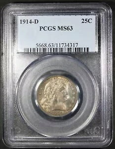 1914-D Barber Quarter O[h MS63 by PCGS Great Surfaces Toned Coin