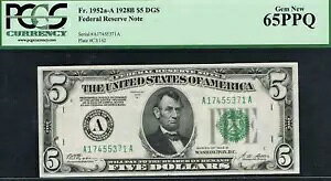 �قڃ��[�_�[�̃V���A���ԍ��B $5 1928B �{�X�g�� FRN�B Fr.1952-Adgs. PCGS 65 PPQ�B