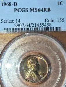 ���A PCGS ���b�h �y�j�[ 1960D MS65RD + 1968D 1C RB �V���[�Y 14 �R�C���ԍ� #155