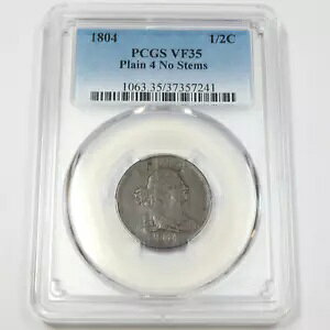 1804 PCGS VF35 - プレーン 4 ステムなし - ドレープバスト ハーフセント 1/2c US コイン #45140A