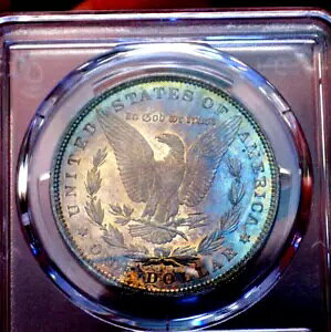 モーガン シルバー ドル 1885 PCGS MS 63 モンスター レインボー、希少な両面カラー