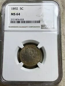 1892 リバティ V ニッケル 5c NGC MS64 ゴージャスなトーンの表面レインボー