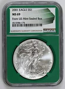 2001 $1 アメリカン シルバー イーグル NGC MS69 米国産ミント シール ボックス ラベル グリーン コア