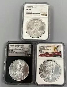 3 NGC MS69 �X�|�b�g US 1ozt �V���o�[ �C�[�O�� $1 2000 2-2021(S) T-1 Emerg Prod San Fr 32