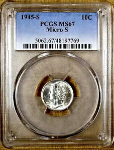 1945-S マイクロ S PCGS MS67 マーキュリー ダイム - 100% ブレイジング ホワイト (7769)