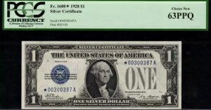 1928 $1 �V���o�[�ؖ��� FR-1600* - �X�^�[�m�[�g - PCGS 63PPQ - ������