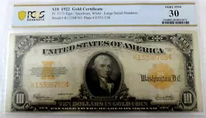 1922�N - $10 �S�[���h�ؖ��� - PCGS - ���ɍׂ��� - 30 - �S�[���h�V�[�� -�ASPEELMAN/WHITE-SIGS�B