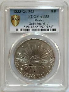 LVR 1833 GO MJ 8 REALES Go14 CAP & RAYS PCGS AU55