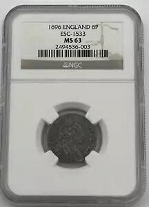 1696 イギリス銀貨 6 ペンス ESC-1533 NGC MS 63 *STL