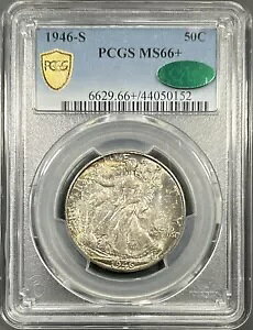 1946-S PCGS MS66+ CAC �v���X �E�H�[�L���O ���o�e�B �n�[�t�_���[ 50c - �J���t���ȃg�[���� PQ