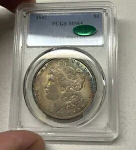 1887 モーガン シルバー ドル $ PCGS MS 64 CAC オリジナル パステル デュアル レインボー トーン!