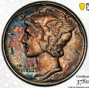 1944 マーキュリー 10c PCGS MS63 カラフルなテキスタイルトーンの表面!マイクアーティファクト