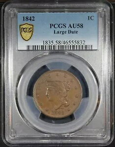 1842 �҂ݍ��݃w�A ���[�W �Z���g �O���[�f�B���O AU58 by PCGS Large Date Varitey Nice Coin