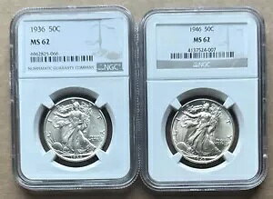 2 �s�[�X ���b�g �E�H�[�L���O ���o�e�B �n�[�t�_���[ NGC MS62 1936 50C & 1946 50C