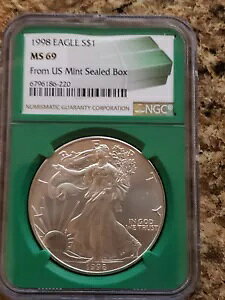 1998 $1 アメリカン シルバー イーグル NGC MS69 米国産ミント シール ボックス ラベル グリーン コア