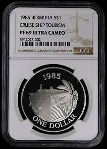 1985 バミューダ プルーフ シルバー $1 ドル NGC PF69 ウルトラ カメオ クルーズ船 観光 COA