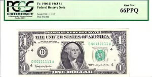 1963 $1 FRN PCGS 66PPQ �t�@���V�[ �j�A�\���b�h 6 �� 0/1 �o�C�i�� �V���A�� #D00111111A