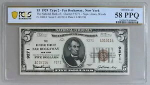 1929 �N $5 ���ƒʉ� Fr. 1800-2 FAR ROCKAWAY NY 9271 PCGS Choice AU 58 PPQ