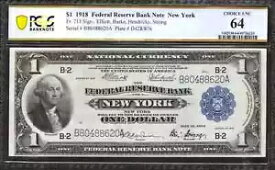 1918 年 $1 連邦準備銀行紙幣 FR.713 ニューヨーク NY PCGS 64 UNC (620A)