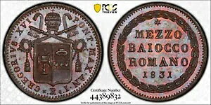 1831 ローマ教皇領年 1 1/2 バイオッコ グレゴリウス 16 世 PCGS MS65 BN ポップ 1/0 4141