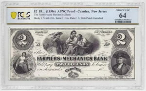 18XX Farmers & Mechanics Bank�A�J���f�� �j���[�W���[�W�[�B $2 �ؖ��؏� PCGS 64 (59005)