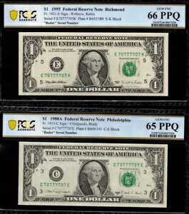 1995 $1 1988A $1 FRN PCGS 66PPQ 2 x �h��ȃ}�b�`���O���[�_�[ �V���A���ԍ� 70777707