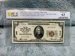 1929年 $20 ナショナルノート オズウィーゴ ニューヨークチャーター 255 Fr1802-1 PCGS 紙幣 Unc 63
