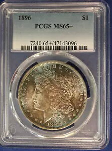 1896-P モルガン ドル PCGS MS65+ ジェム 魅力的なモンスター レインボー トーン