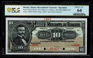 ���L�V�R �A���e�B�[�N $10 �y�\�uSPECIMEN�vBanco Mercantil De Veracruz 1900-14 PCGS 64