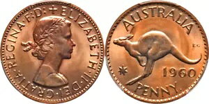 オーストラリア 1960-P エリザベス II プルーフ ペニー PCGS PR-65 RD ミント数: 1,030