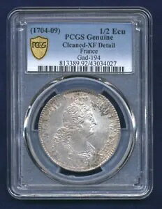 フランス ルイ 14 世 (1704-09) 1/2 ECU シルバー コイン、PCGS 認定「XF ディテール」