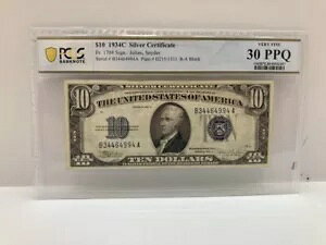 US 1934C $10 �V���o�[�ؖ��� PCGS �O���[�h VF 30 PPQ ���ɍׂ���