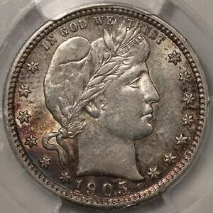 1905 バーバー クォーター PCGS AU-55 - 魅力的な引き締め!
