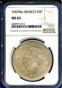 1947 Mo メキシコ NGC MS63 シルバー 5 ペソ S5P シンコ ペソ クアウテモック コイン MS-63