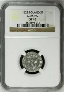 ポーランド シルバー 3 ポルカー 1622 NGC XF 45 ガム - 972 中世のコイン クラクフミント