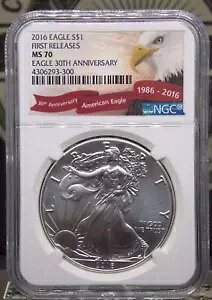 2016 �A�����J�� �V���o�[ 1oz �C�[�O�� $1 NGC MS70 #300 **30 ���N�L�O** ECC&C Inc