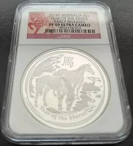 2014 �I�[�X�g�����A 1 �I���X Lunar Year Of Horse �V���o�[ �v���[�t �R�C�� NGC PF 69 �E���g�� �J���I