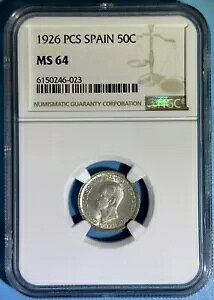 スペイン 1926 PC-S 50 センティモス シルバー コイン アルフォンソ 13 世 チョイス BU NGC MS 64 KM# 741
