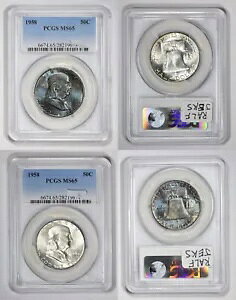 (2) 1958 年フランクリン ハーフ、マッチド エンド ロール ブルー トーン ペア、PCGS MS65