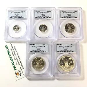 1992 メキシコ プルーフ シルバー 1/10、1/20、1/4、1/2、1 ONZA PR69DCAM PCGS 5 コイン セット!