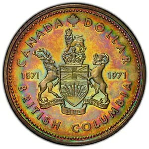 1971 カナダ ブリティッシュ コロンビア州 $1 ドル PCGS SP65 モンスター レインボー トーン カラー